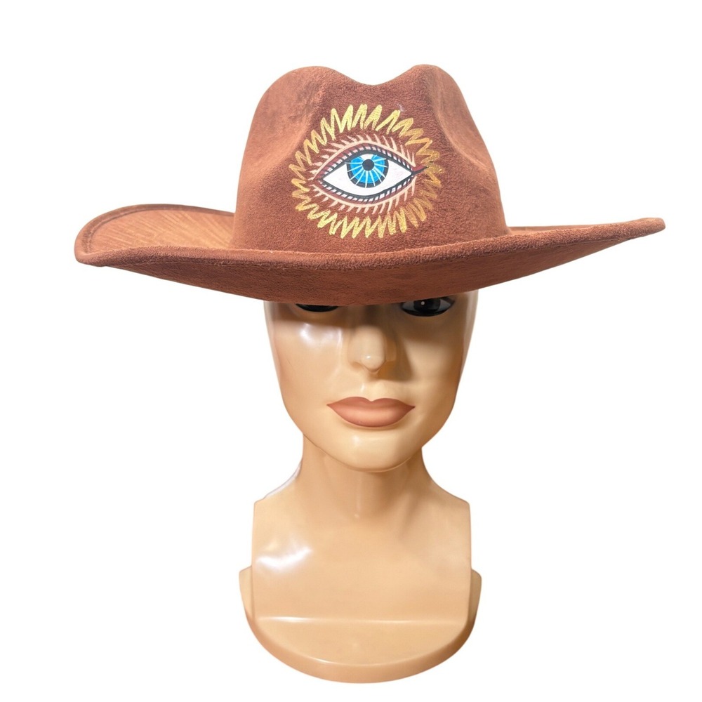 Bonitos Hand Painted Evil Eye Brown Faux Suede Western Cowboy Hat Large Mexico